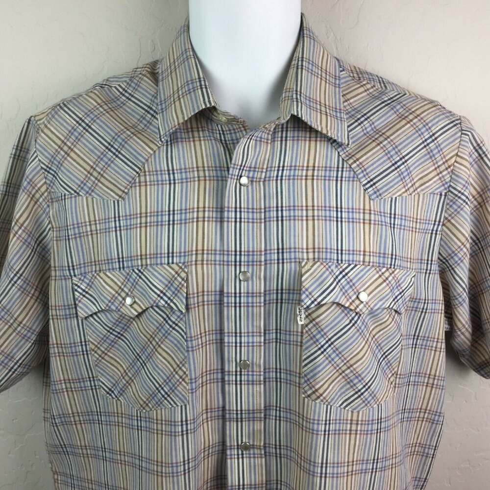 Vintage Levis Mens Western Pearl Snap Button Plaid Shirt Rockabilly Size Large